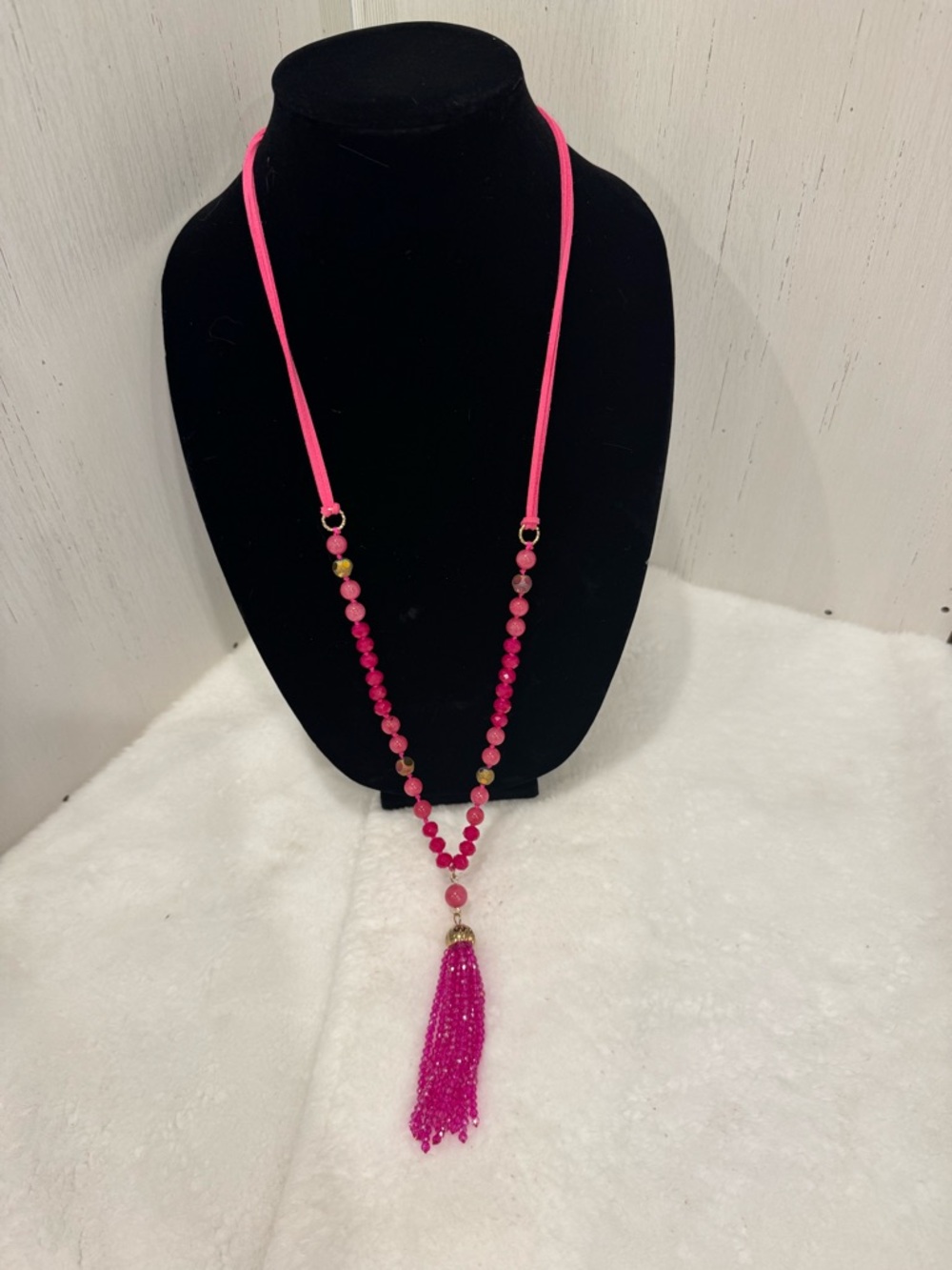 Hot Pink Beaded Tassel Necklace - Women Jewelry